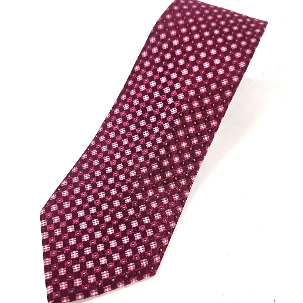Michael Kors Burgundy Pink Geometric‎ Squares Pattern Silk Men's Neck Tie 3.5